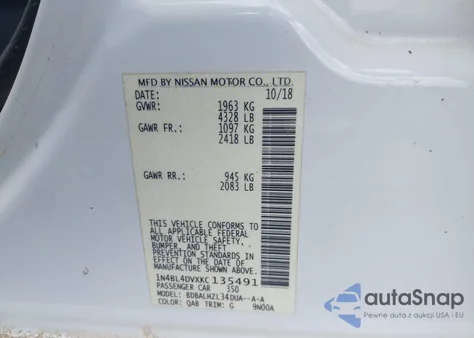 2019 Nissan Altima 2.5 Sv z USA, uszkodzony, nr VIN 1N4BL4DVXKC135491